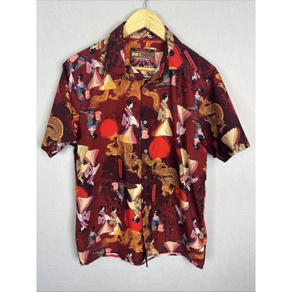 Fresh Prints Tokyo Geisha Dragon Shirt Men M Red Gold Japanese‎ Graphic Art